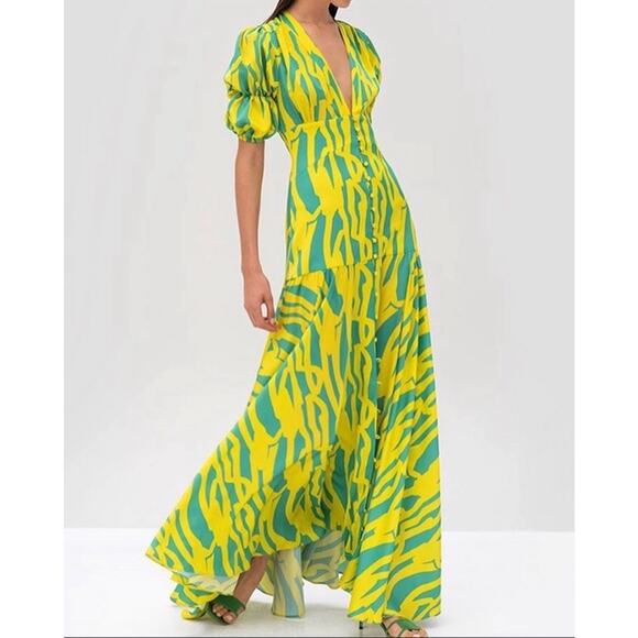 Alexis Zuella Abstract Crepe Maxi Dress V-Neck Size Small | Yellow Green Print - Picture 1 of 15